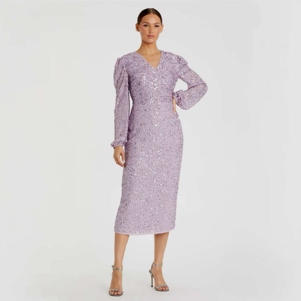 NWT Mac Duggal 107641 Sequin Long Sleeve Midi Dress Size 10 Lavender